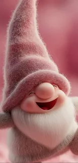 Joyful gnome in pink hat smiling cheerfully.