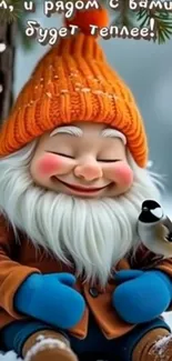A smiling gnome in an orange hat with a bird on the arm in a snowy setting.