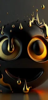 Smiling dark emoji with gold paint drip design.