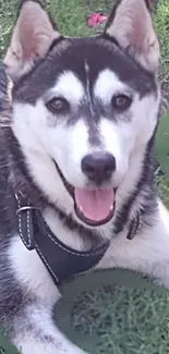 Smiling husky dog lying on green grass.