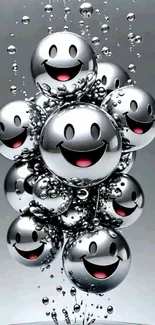 Metallic smiley bubbles on gray background