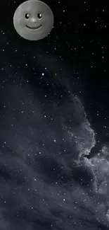 Smiling moon against a starry sky.