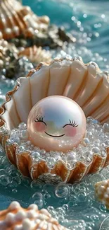 A smiling pearl sits in a seashell surrounded by bubbles.
