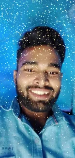 Smiling person under blue light, creating a joyful and calming wallpaper ambiance.