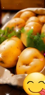 A basket of potatoes with sparkles and a smiling emoji.