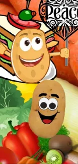 Cartoon potatoes and vegetables with peace sign in vibrant colors.