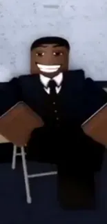 Smiling Roblox character in a black suit sitting on a chair.