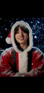 Smiling person in Santa suit with snowy background.