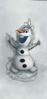 Cheerful snowman embedded in snow on a mobile wallpaper background.