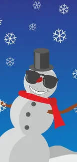 Snowman with sunglasses and snowflakes on a blue background.