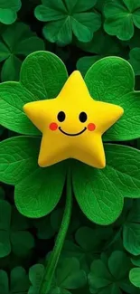 A happy smiling star sitting on a green clover leaf.