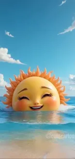 Smiling sun cartoon rising over ocean.