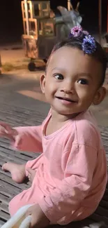 Adorable toddler smiling in pink outfit.