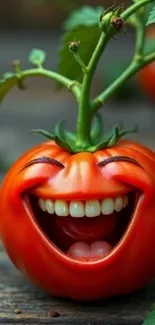 Smiling tomato cartoon with a cheerful expression.