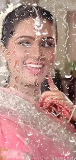 Smiling woman behind raindrops on a glass surface with pink and vibrant colors.