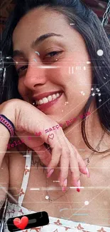 Woman smiling in a closeup outdoor portrait, wearing a patterned top.