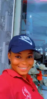 Smiling woman in a navy cap with a red shirt background.