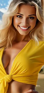 Smiling woman in yellow top with a mountain background.