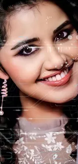 Smiling woman with digital effects and futuristic overlay, perfect for phone wallpaper.