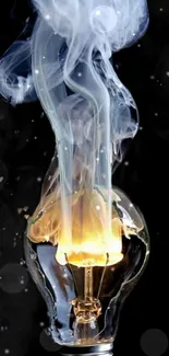 A glowing light bulb with swirling smoke art on a black background.