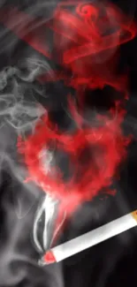 Mobile wallpaper with a red heart made of smoke from a cigarette, on a black background.