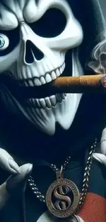 Skeleton in hoodie with cigar and medallion.