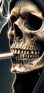 Skull in a hoodie with cigarette emitting smoke.
