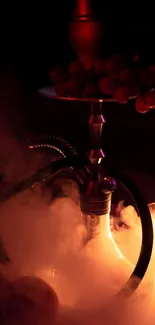 Artistic smoky hookah scene with red glow and ambient lighting.