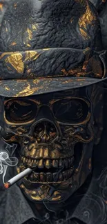 Intricate smoky skull art with gold accents and a dark background.