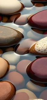 Smooth colorful stones with water reflections.