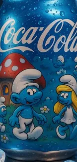 Smurfs-themed Coca-Cola can surrounded by ice.