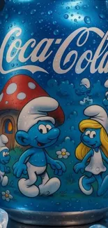 Colorful Smurfs-themed Coca-Cola can illustration.
