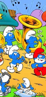 Smurfs parade with musical instruments and colorful village background.