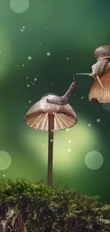 Snail resting on mushroom in a vibrant green forest setting.