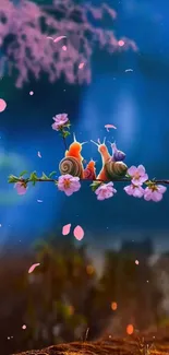 Snails resting on cherry blossom branch with vibrant blue background.