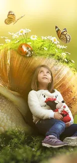 Child sitting by a giant snail with butterflies and ladybug in nature.