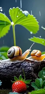 Snails on a branch with dew-covered leaves and a strawberry.