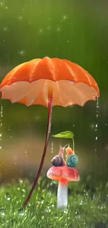 Whimsical snails under an orange umbrella in a vibrant green garden setting.