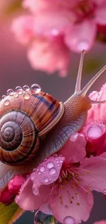 Close-up of a snail on cherry blossom flowers with dewdrops on petals.