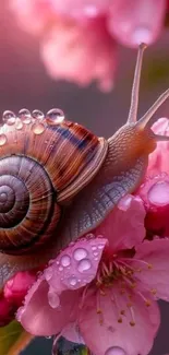 Snail on pink blossom with dewdrops close-up.