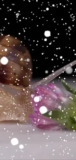 Snail resting on a pink flower with falling snowflakes.