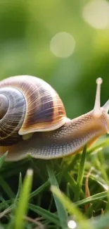 Snail on lush green grass wallpaper.