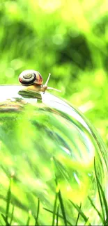 Snail perched atop a bubble in lush green grass.