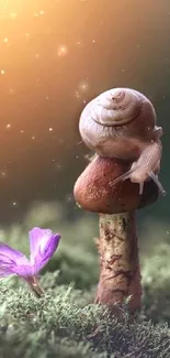 Whimsical snail perched on mushroom with mystical lighting and nature backdrop.