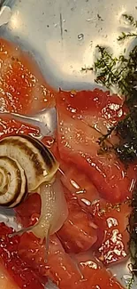 Snail on vibrant strawberry and moss artwork.