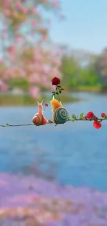 Two snails on a branch with a rose by a lake.