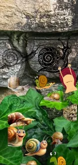 Whimsical snails on a rustic stone wall with lush green leaves background.