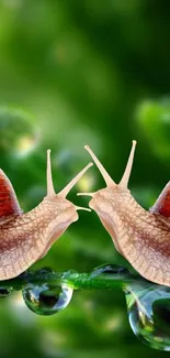 Two snails on a green leaf with dewdrops, set against a lush background.