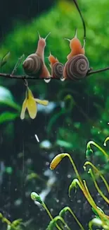 Snails on a branch with rain in a lush green setting.