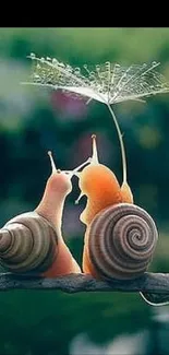 Two snails under green leaf on branch, dark background.